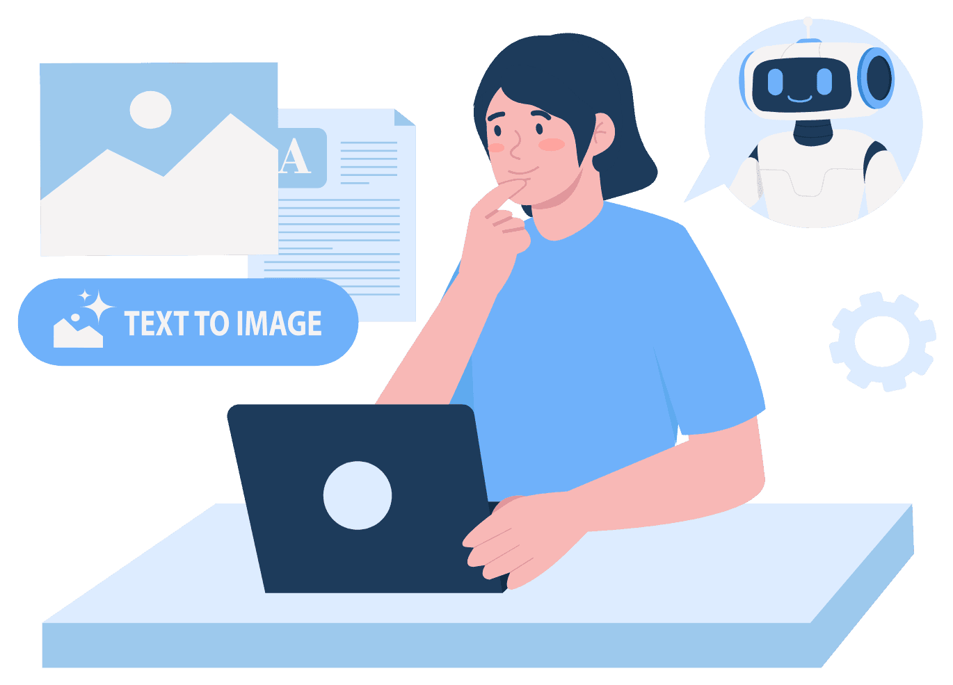 Ilustrasi mahasiswi berpikir di depan laptop sambil dibantu asisten AI